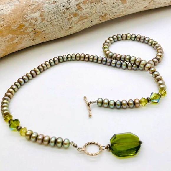 🔥 Vintage Deco Green Crystal Pendant Pearl Necklace 💚 - Picture 3 of 13